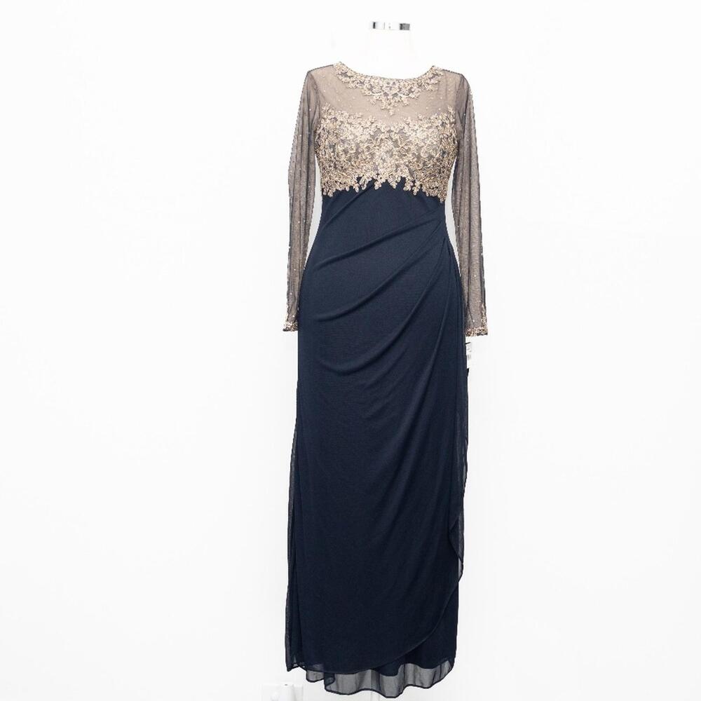 XSCAPE  Embellished Illusion-Bodice Ruched Gown Long Sleeve Modest sz 10P NWT - Picture 4 of 12